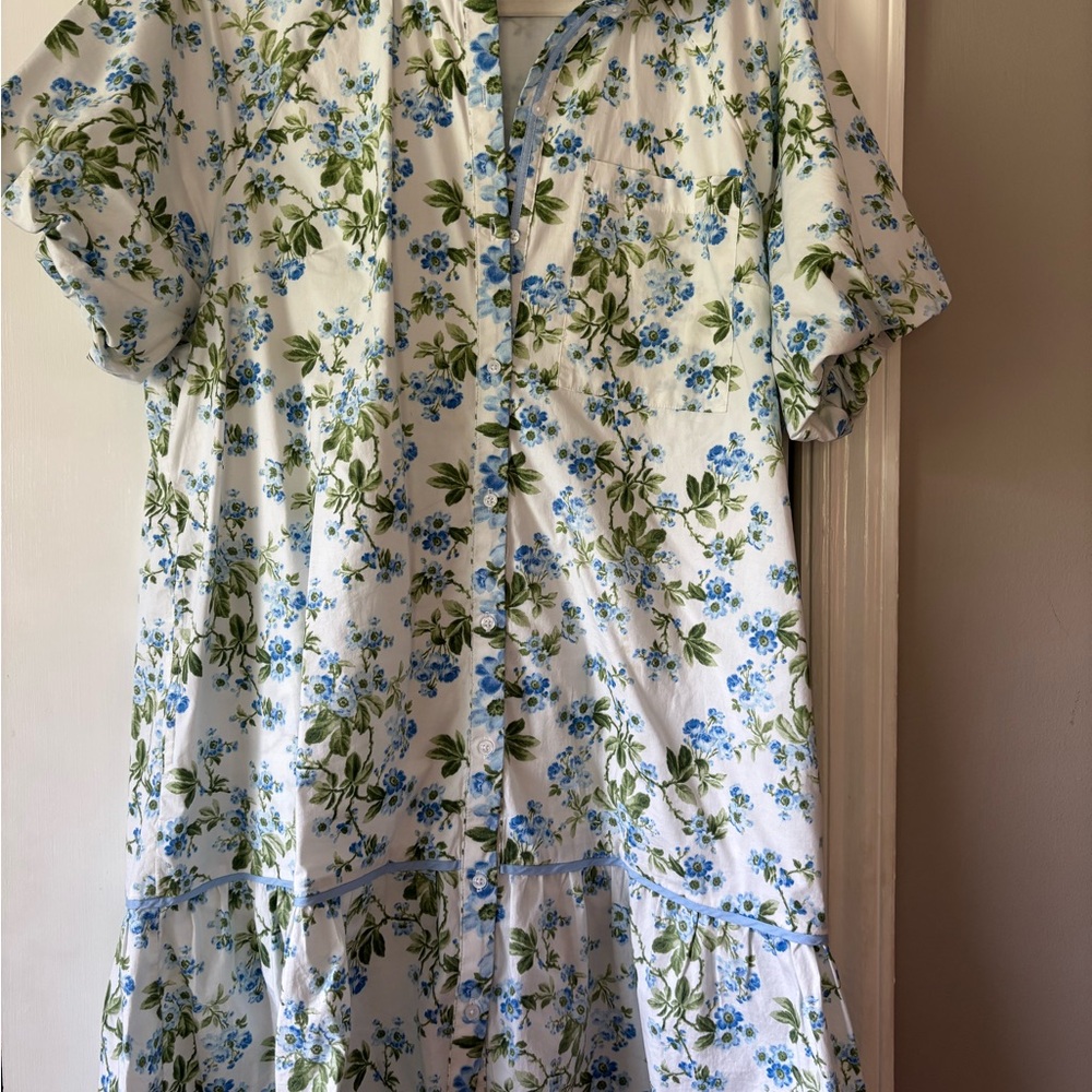 Crown & Ivory Blue and Green Floral Drop Waist Dress with Pockets